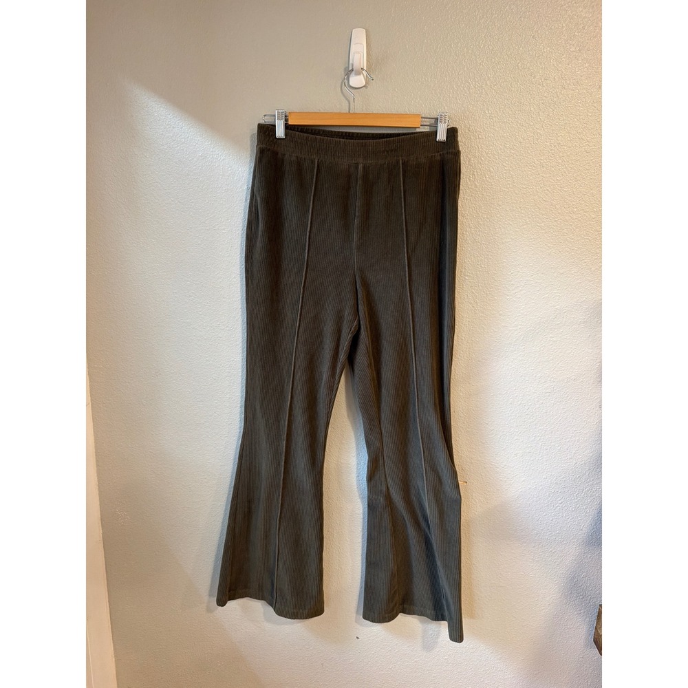 Aerie Corduroy Flare Pants Women Medium Olive Green High Waisted Ribbed Pintuck